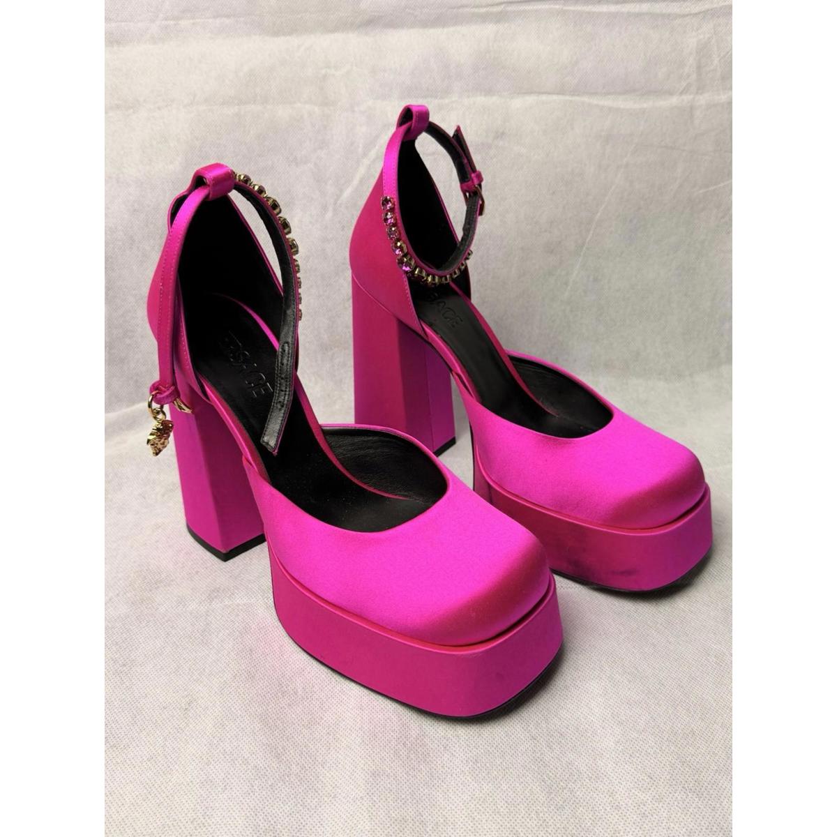 Versace Medusa Aevitas Platform Pumps Fuchsia Pink Satin Crystal Strap Sz 40